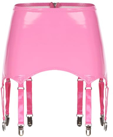 TTAO Damen Wetlook Strumpfgürtel String Strumpfhalter Strapsgürtel mit Metall Clips Stretch Strumpfband Lack Leder Dessous Gogo Outfit Clubwear Rosa 4XL