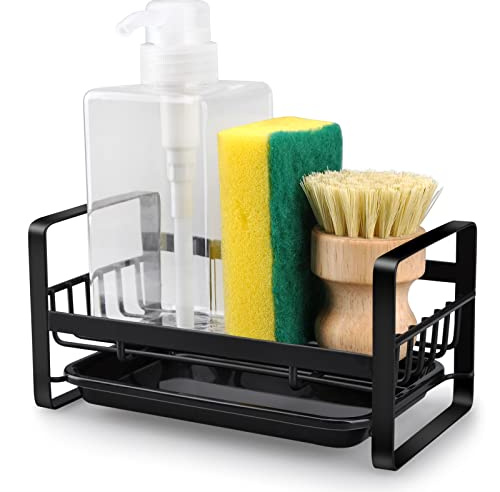 HONZUEN Spülbecken Organizer mit Abtropfschale, Edelstahl, Schwarz | Edelstahl | Arbeitsplatte oder Wand ohne Bohren | 18 × 10 × 9 cm | Abnehmbare Abtropfschale | Für Küche