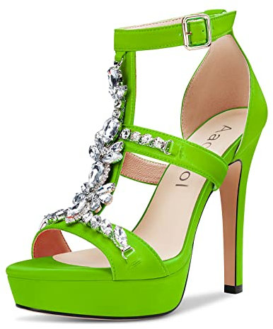 Aachcol Mujer Plataforma Aguja Alto High Heel Romanas Sandalias Correa Tobillo Slingback Redonda Abierta Punta Dress Zapatos Oficina Fiesta de Boda Satín Verde Lima 12 CM 43 EU