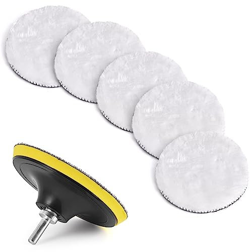 Kshineni 125mm Wolle Polierpads, 7tlg Auto Polierhaube Lammfell Pad Polierpads Wolle Polieraufsatz Akkuschrauber Set für Poliermaschine Schleifmaschine zum Polieren,Schleifen,Wachse