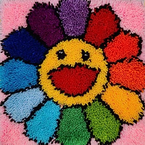 YOOTOM Kit de Tapis de Crochet à Point Noué di Fleur Coussin au Crochets à Loquet Bricolage, Création de Tapis à Crocher pour Adultes et Enfants, Modèle de couleur pré-imprimé, 40x40cm