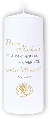 DOLORINO Trauerkerze mit Spruch Beim Abschied wird uns oft erst klar wie wertvoll jeder Moment doch war | liebevolles Symbol des Trostes | made in Germany | 120 Std. Brenndauer | 8x20cm