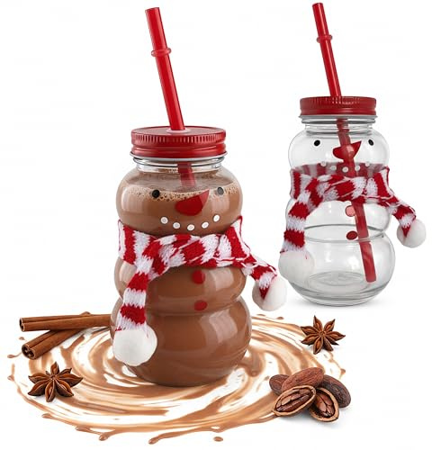 Novaliv 2x Tasses vin chaud 260 ml Tasse de Noël personnalisée avec paille - Bonhomme de neige comme gobelet à vin chaud - Tasse motif de Noël avec couvercle et paille Tasses de Noël chauffe-mains