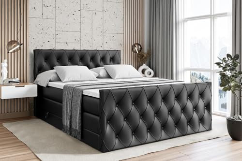 ALTDECOR Boxspringbett mit Matratze und Lattenrost, Topper, Fußteil, Polsterbett mit Bettkasten, Bett mit Stauraum H3- und H4- Matratze,Springboxbett - Amay King - 200x200 - Schwarz Kunstleder