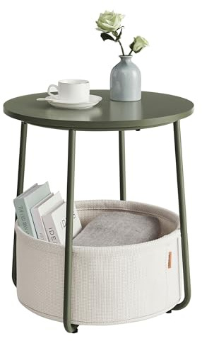 VASAGLE Small Round Side End Table, Small Nightstand with Fabric Basket