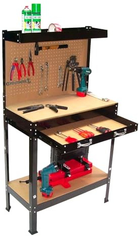 Avilia Werkbank mit Schublade, 2 Einlegeböden und Lochplatte – robuster DIY-Workstisch mit 12 Haken, ideal für Garage und Werkstatt, Tragkraft 100 kg, 91 x 48 x 140 cm, aus Stahl und MDF