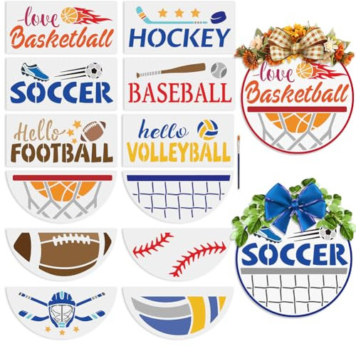 MAYJOYDIY 12pcs Basketball Football Welcome Stencil for Painting on Wood Sports Ball Half Round Stencils 30cm Free Combination Soccer Volleyball Baseball Stencils with Brush for Porch Door Wood Sign