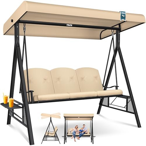 KESSER® Hollywood Swing with Sun Canopy 3-Seater and Seat Cushion | Garden Swing up to 360 kg Load Capacity | Garden Lounger with Non-Slip Feet | Swing Bench Water-Repellent for Outdoor and Indoor Use