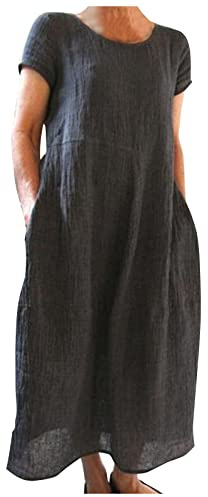 DeaAmyGline Leinenkleid Damen Sommer Lang Sommerkleid Leicht und Luftig Baumwolle Leinen Kleid Kurzarm Bequeme Locker Einfarbig Maxikleid Baumwolle Leinen Kleider Lange Freizeitkleid