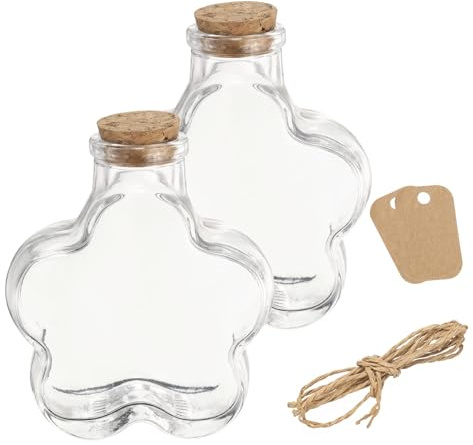 sourcing map 2 Pcs 11.4 oz/380ML Flower Shaped Glass Jars With Cork Stoppers, Clear Message Wishing Bottle with Twine and Blank Tags for Halloween Decorations, Wedding Shower Favors