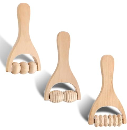 MAEXUS 3-teiliges Holz Massagerollen-Set, Massagerolle mit Griff, Faszienrolle, Holz Triggerpunkt, Mini Faszienrolle für Muskelentspannung, Massage von Rücken, Beinen, Händen