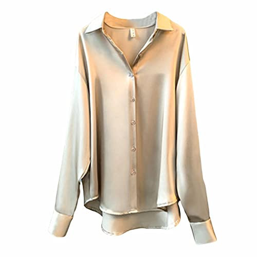 Women's Satin Blouse Casual Solid Color Long Sleeve T Shirts Loose Fit Button Down Lapel Neck Tunic Tops Soft Elegant Comfortable Tee Blouse for Deals of The Day Sale Prime Khaki