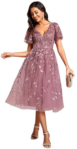 Ever-Pretty Prom Dress Leaf Sequin Evening Dresses Short Sleeve Tulle Midi Wedding Guest Dress 2230
