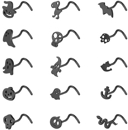 ZS 15 x Halloween-Korkenzieher-Nasenringe, 20 g, Edelstahl, schwarzer Korkenzieher-Nasenstecker, L-förmiger Nasenring, Geist, Schädel, Fledermaus, Nasenpiercing, Schmuck für Damen und Herren,