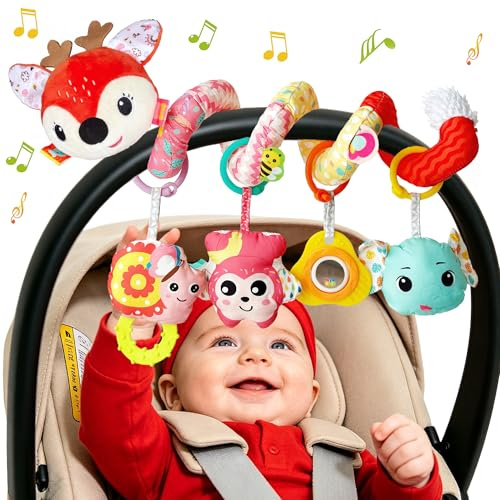 Kulveanju Poussette jouet pour bébé, siège auto, lit d'activité, jouet en spirale, jouet en peluche, jouet sensoriel, cadeau pour nouveau-né, fille et garçon, 0, 3, 6, 9, 12 mois, cerf