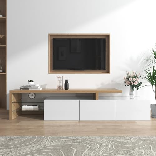Meuble TV 200 cm Longueur Meuble TV de Salon Moderne Élégance, Banc TV avec Étagères en Verre, Éclairage LED, Meuble TV Aspect Bois, Espace de Rangement Pratique, Brillant, 197,5x39x42cm