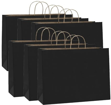Taeku Sacchetti Carta Kraft con Manici, 6 PCS Buste Regalo Grandi – Shopper Riutilizzabili Nero per Shopping Compleanno Feste Eventi 42x13x31cm (Nero)