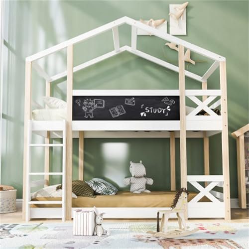 Cama Infantil 90x200 Cama Casita con Escalera Y Protección contra Caídas Cama Alta con 2 Somieres Litera Cama De Suelo Cama Juvenil para Jóvenes Cama Forma Casa En El Árbol Blanco Sin Tobogán