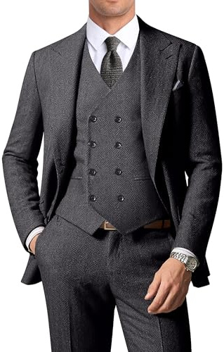 ZKHOECR Herrenanzüge Fischgräten-Tweed-Anzüge für Herren, Retro, 3-teilig, Spitzrevers, Blazer, Hochzeit, Abschlussball, Anzugjacke, Weste, Hose, grau dunkel, L