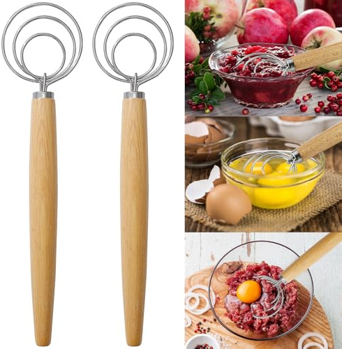 2 Pack Danish Dough Whisk-Stainless Steel Dough Hook Dutch Whisk for Sourdough Bread,Eggs,Wooden Handle Kitchen Whisking Mixing Tool Bread Making Tools (13)