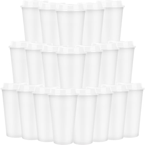 Generic 20 Pcs Reusable Coffee Cups with Lids 470 ml Plastic Tumblers Iced Coffee Cup Travel Mug for Adults and Women Kid Hot and Cold Drinks, Microwaveable, White