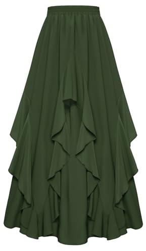 SCARLET DARKNESS Jupe Longue Femme Renaissance Médiévale, Mousseline, Taille Élastique, Ourlet à Volants Vert Olive S