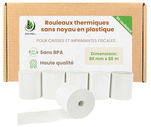 ECO - PRO PAP rouleaux thermiques sans noyau en plastique 80 mm x 80 m, papier thermique sans BPA certifié FSC - destinés aux caisses enregistreuses et aux imprimantes fiscales, Lot de 50