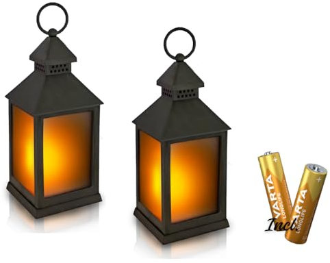 NECESITAS Lanterna a LED per esterni e interni, set da 2 pezzi, batterie incluse, impermeabile, effetto tremolante, decorazione per balcone e giardino, vintage, colore nero