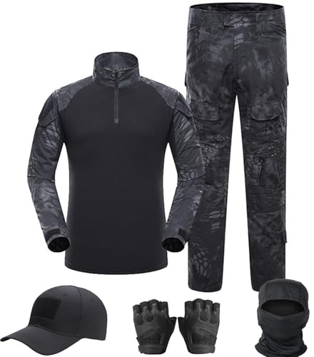 SANYETS Taktische Uniform, Combat-Set mit Langarmshirt, Hose, Mütze, Handschuhen und Sturmhaube, Airsoft-Ausrüstung, Militärkleidung für Herren