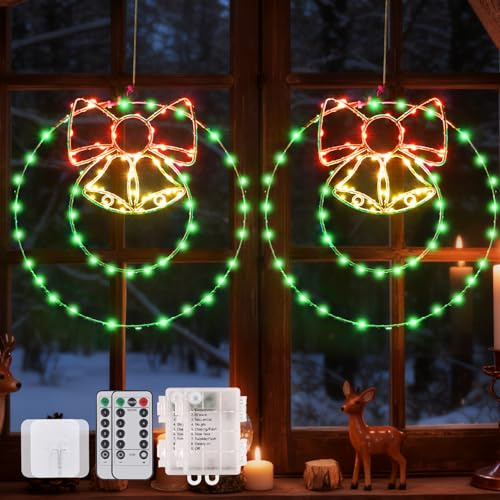 182 LED (2 Stück) Weihnachtsdeko Fenster Beleuchtet, Weihnachtskranz Beleuchtung Fenster Weihnachten mit 8 Modi Timer, Warmweiß Fensterdeko Weihnachten Beleuchtet für Weihnachtsdeko Innen,Fenster