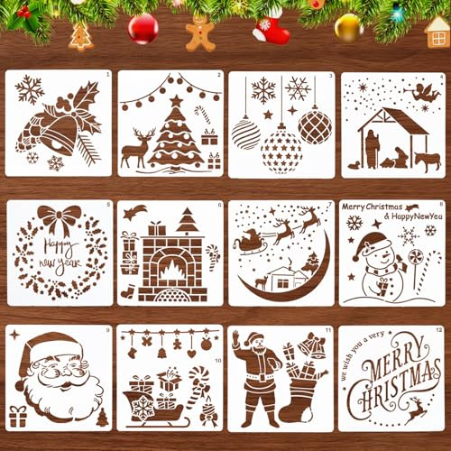 12 Stück Schablonen Weihnachten Set, Kunststoff Zeichenschablonen, Schneespray Fenster Schablone, Malschablonen Wiederverwendbare, DIY Weihnachtsschablonen Geschenkkarten