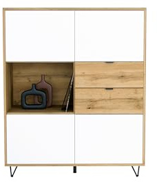 Vladon Highboard Marino, Sideboard mit 4 Türen Weiß matt und 2 Schubladen Eiche Evoke, Made in Germany, Korpus Eiche Evoke (103 x 125,5 x 37 cm)