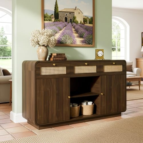 Merax Sideboard im Retro-Stil aus Nussbaum-Optik – Kommode mit Rattanfronten, Vielseitiger Komodenschrank für Wohnzimmer, Küche und Flur, Aufbewahrungsschrank mit verstellbaren Einlegeböden