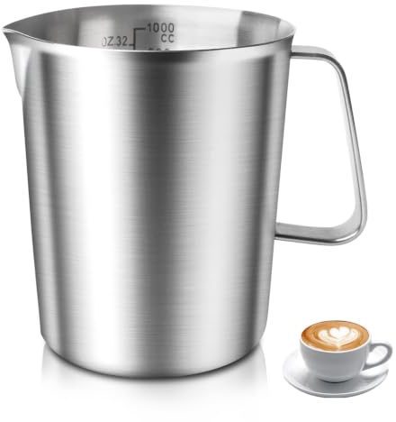 GOMETY Mätkopp rostfritt stål 1000 ML, 1 l 304 rostfritt stål mätkopp med handtag och skalning, diskmaskinssäker, mjölkkanna rostfritt stål, robust för kök, bakning, mjölk, vätskor (1 000 ml)