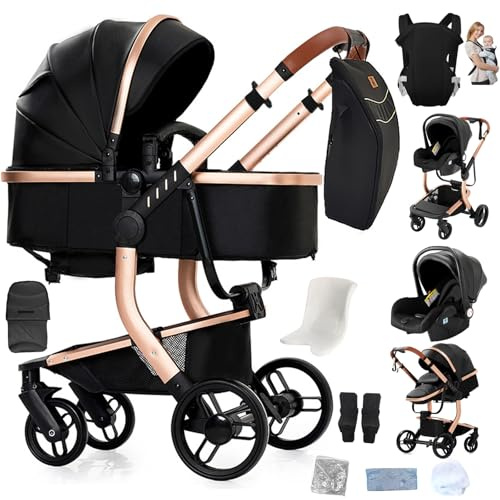 3-i-1-resesystem, barnvagn med dubbelriktad dragfunktion, multifunktionell, hög sikt, för spädbarn 0–3 år, med sovkorg och bilstol (X518-pack)