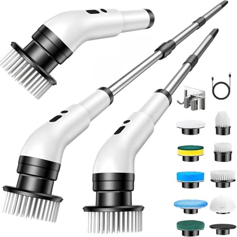 Guyisile Cepillo eléctrico 9-en-1, inalámbrico, 3 Vel, 350-450 RPM, IPX7 | Mango telescópico regulable con cepillo rotativo – ideal para baño, cocina, azulejos, juntas & coche