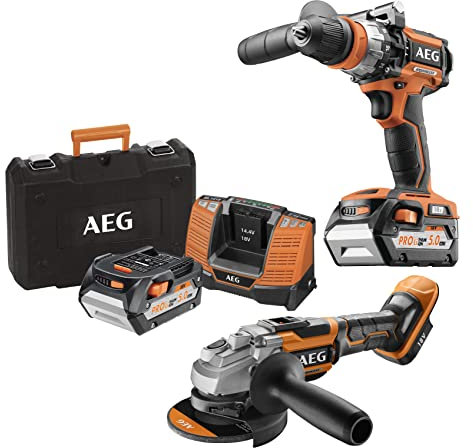 AEG - Duo Brushless: Trapano a percussione Brushless, smerigliatrice 125 mm Brushless, 2 batt. 5,0Ah caricabatterie, grans borsa di trasporto