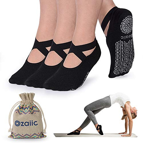 Ozaiic Yoga Socken rutschfeste für Damen für Pilates, Barre, Ballett, Tanz (EUR 35-41, 3 Paar - Schwarz)