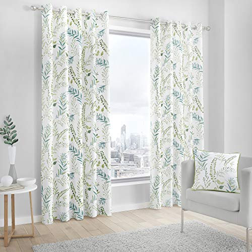 Fusion Fernworthy Leaf Print 100% Cotton Eyelet Lined Curtains, Green, 90 x 72 Inch