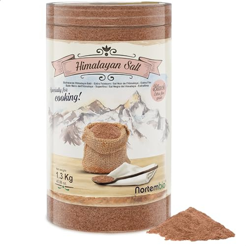Nortembio Sal Negra del Himalaya 1,3 Kg. Extrafina (0,5-1 mm). Sabor a Huevo Frito. Kala Namak. Sal Gourmet para Condimentar. 100% Natural. Vegana. Sin Refinar Ni Conservantes. De Punjab Pakistán.