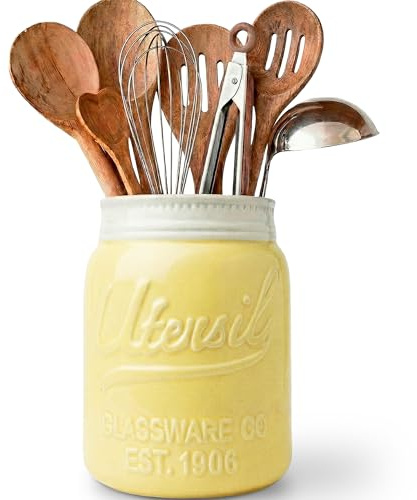 Comfify Wide Mouth Mason Jar Utensil Holder Decorative Kitchenware Organizer Crock, Dishwasher Safe - Kitchen Caddy Green, Large Size 7 High - Yellow