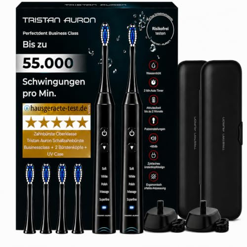 Elektrische Schallzahnbürste 55000 VPM, risikofrei 100 Tage testen | Tristan Auron Business Class Doppelpack (Schwarz), 60 Tage Akku, 5 Putzmodi, Reiseetui, Ladegerät für elektrische Zahnbürste