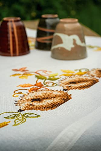 Vervaco Kreuzstich Stickpackungen Tischdecke Igel und Herbstlaub Stickdecken Vorgezeichnet Basteln Erwachsene Kreativ Set Vorgedruckte Decke Sticken 80 x 80 cm Stickset DIY Sticken Set