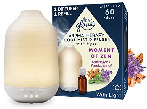 Glade Essential Oil Diffuser Holder & Refill, Cool Mist Aromatherapy Diffuser & Air Freshener for Home, Moment of Zen with Lavender & Sandalwood Scent, Holder + 17.4ml Refill