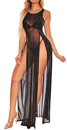 Robe longue pour femme, couvre-maillot de bain et paroi, sexy, couvre-maillot de bain, couvre-bikini robe pour plage ras du cou, élégant été, bikini sans manches, Noir , Taille Unique