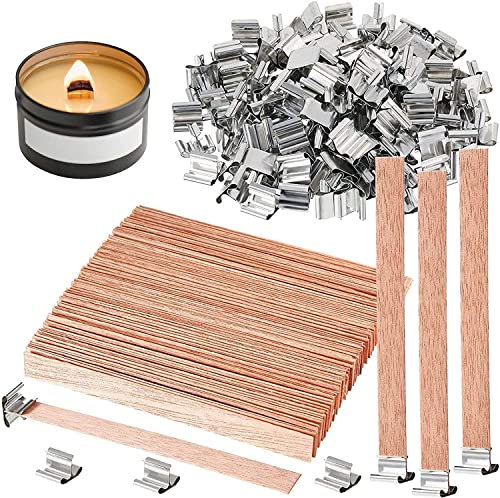 200 Stück Holzdochte für Soja-Kerzenherstellung, 15,2 cm, knisternde Holzdochte, langsam brennender Kerzendocht mit Metall-Basisclip, 100 Sets