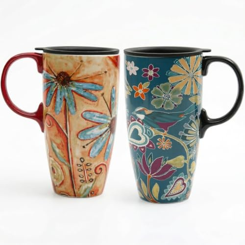 Topadorn 17oz Ceramic Travel Mug 2 Pack Set with Lid and Gift Box, Floral | Microwave & Dishwasher Safe, Fits Car Cup Holders, Reusable Coffee Cup, Pure Coffee Taste, Ideal Birthday & Housewarming Gift