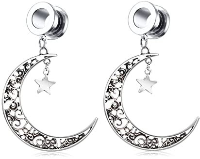 Lieson Plug Flesh Tunnel, 2 Stück Ohr Tunnel Set Edelstahl Vintage Mond Und Stern Mit Anhänger 12mm Flesh Tunnel Silber