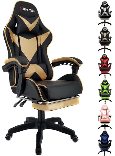 xRace Gaming Stuhl, Bürostuhl, Ergonomischer Pc Stuhl, Gaming Sessel aus Leder mit Lendenwirbelstütze, Verstellbarer Drehbarer, Task Stühle mit Fußstütze und Kopfstütze, Gold