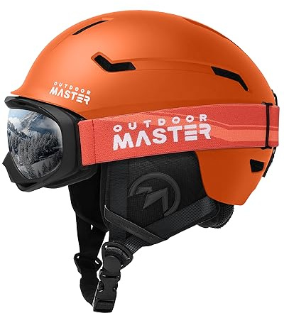 OutdoorMaster Ski- und Snowboardhelm-Set mit OTG-Skibrille für Erwachsene | PC-Schale, EPS-Schaum, 10 Belüftungsöffnungen, beschlagfreie UV400-OTG-Brille und verstellbare Passform.